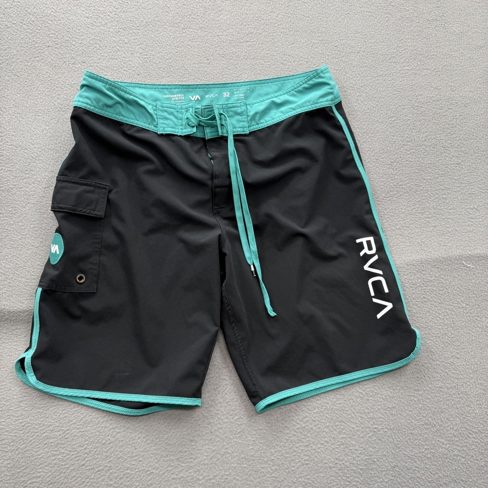 RVCA Board Shorts Mens 32 Black Teal Colorblock Swim Trunks Stretch Pocket Surf